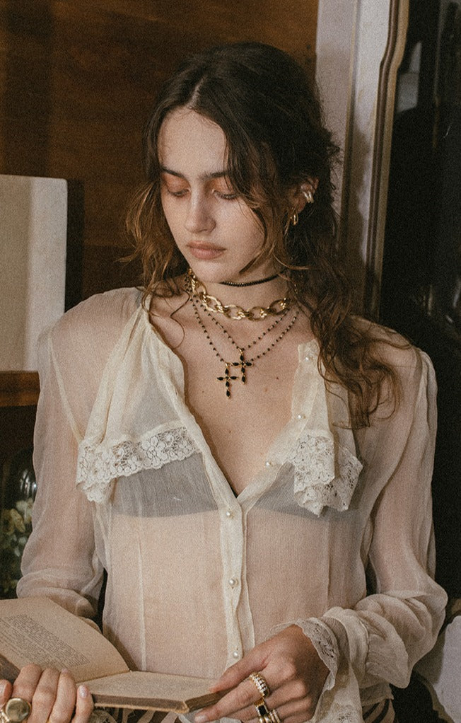 Elegant Black Beaded Cross Necklace